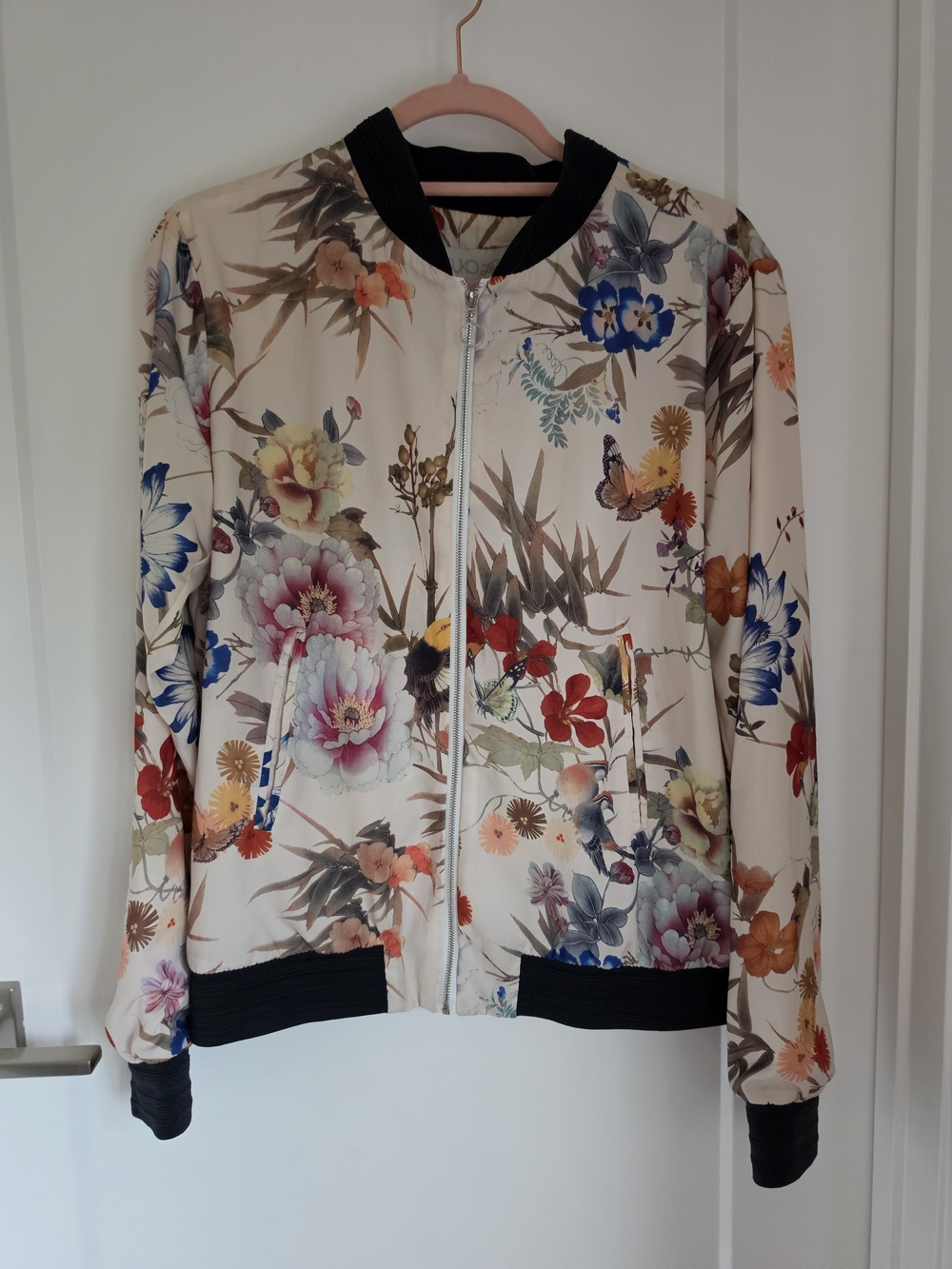 Floral Cream Bomber Jacket with Black Trim
